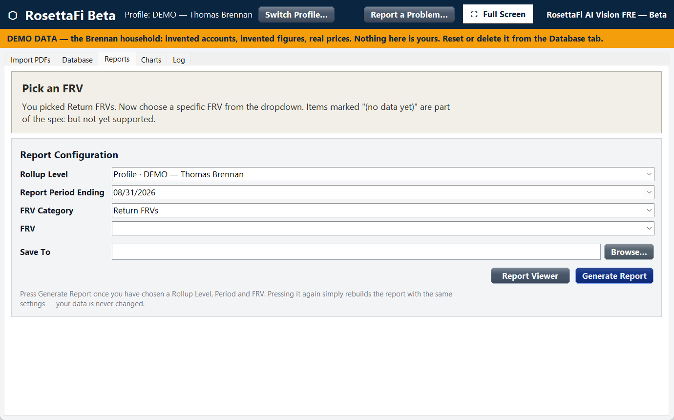 The Reports tab: rollup level, period and the figure to report