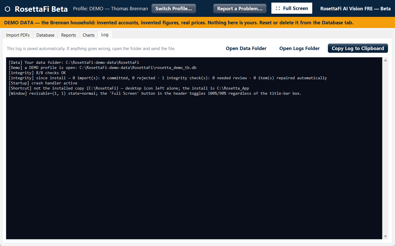 The Log tab: every import and every decision, in plain language